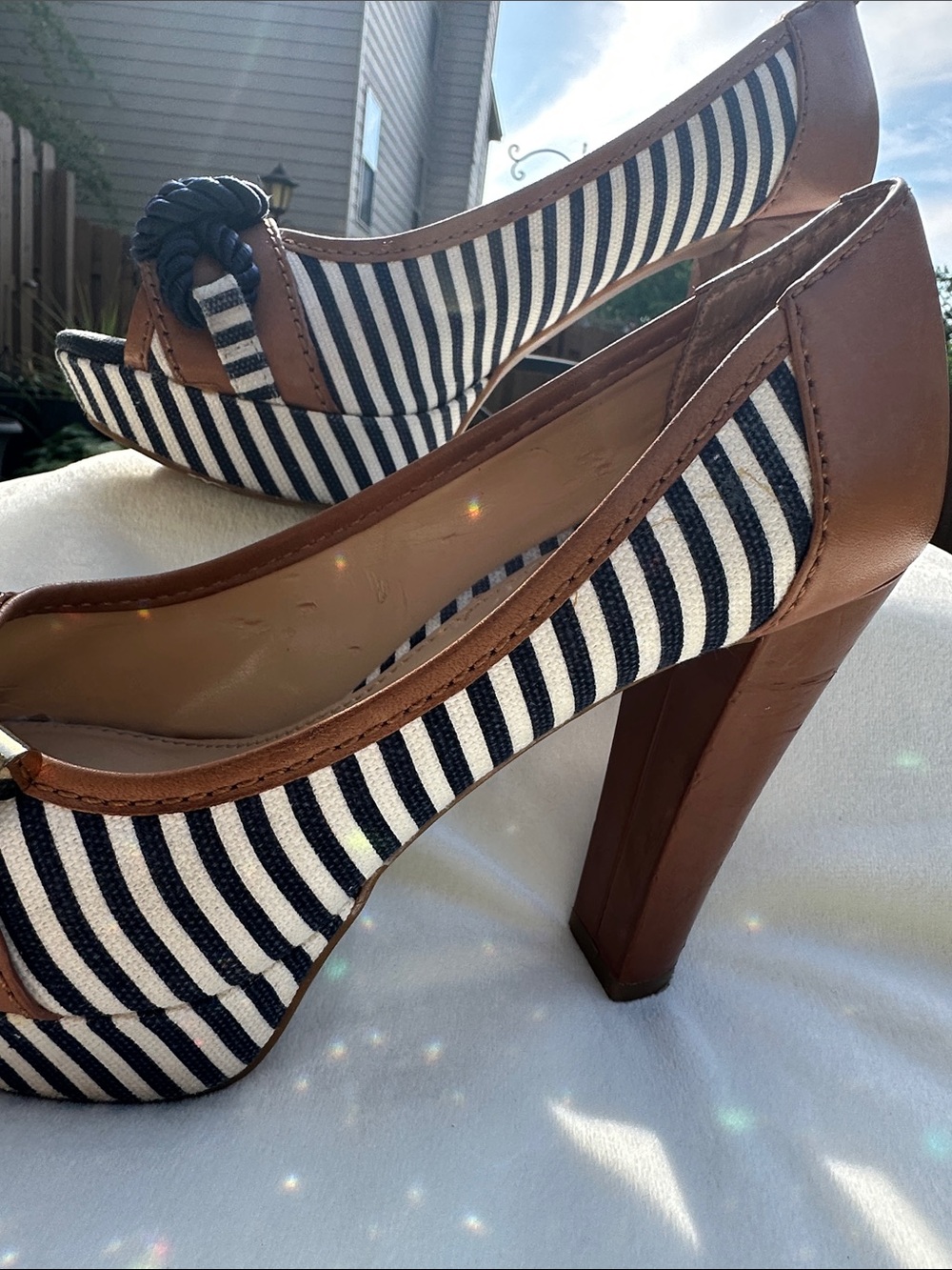 Gianni Bini Navy and White Striped Peep-Toe Heels with Tan Trim - Picture 5 of 8